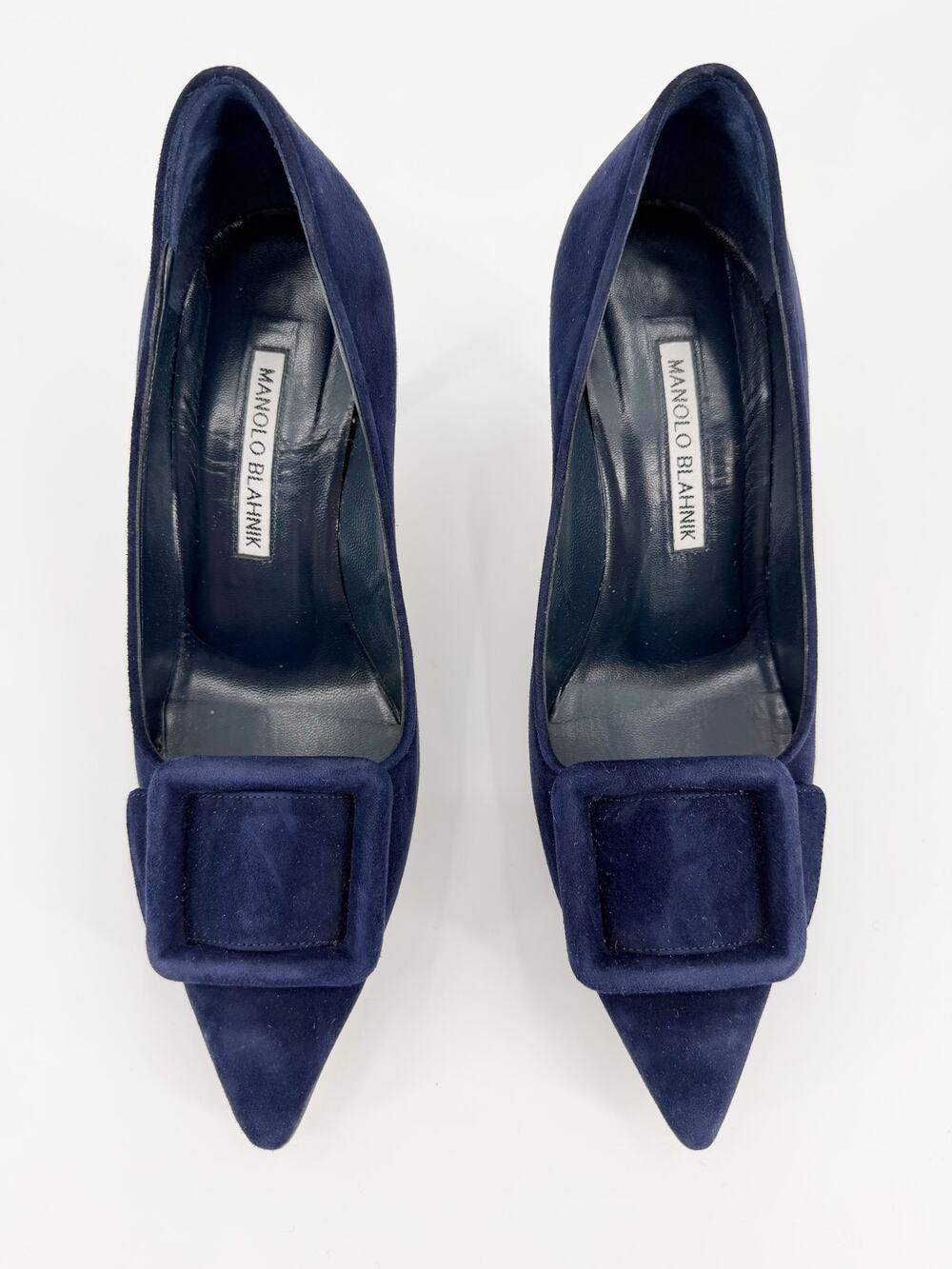 Manolo Blahnik Maysale Navy Suede Pointed Buckle Pump Heels Shoes 36 6 Mid